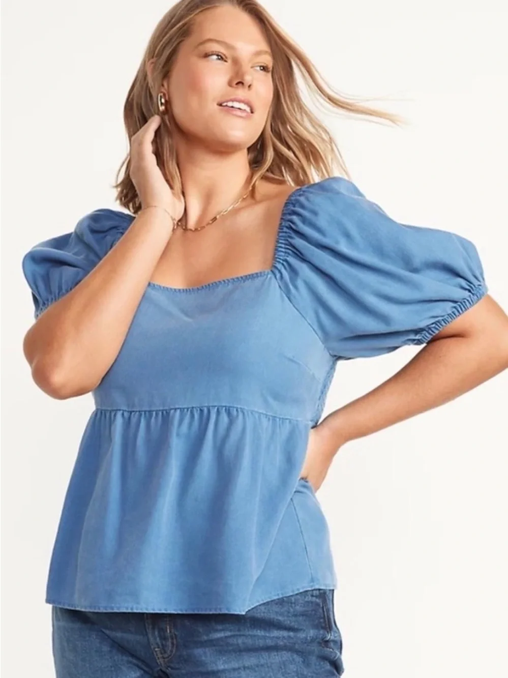 Old Navy Puff-Sleeve Smocked Babydoll Distressed Washed Blouse